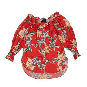 LOST DAZE Red Silk Floral 'Aloha' Off-Shoulder Blouse Shirt Size XS $850